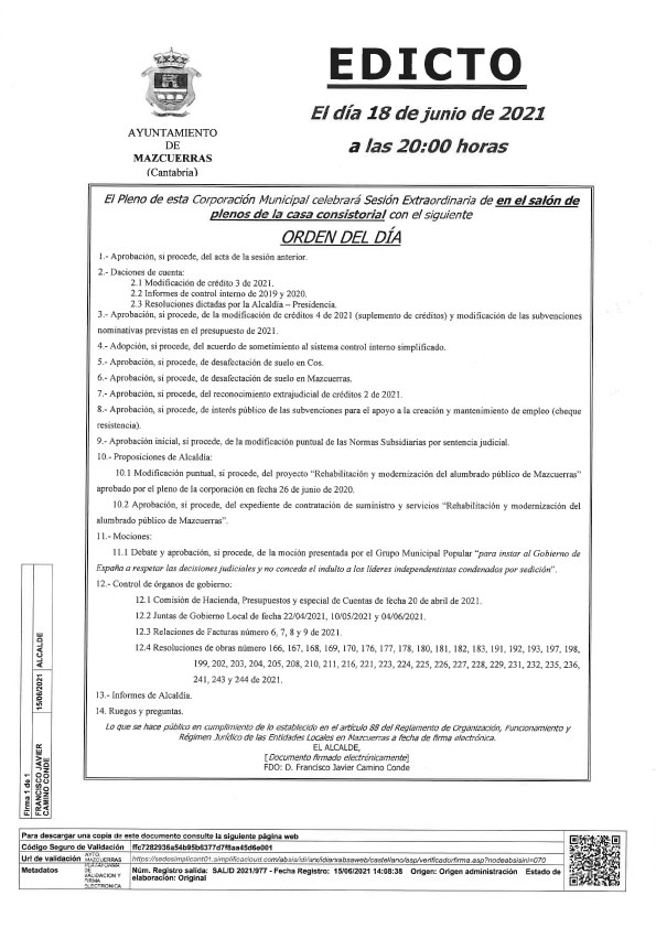 Edicto Pleno extraordinario 18 de junio de 2021